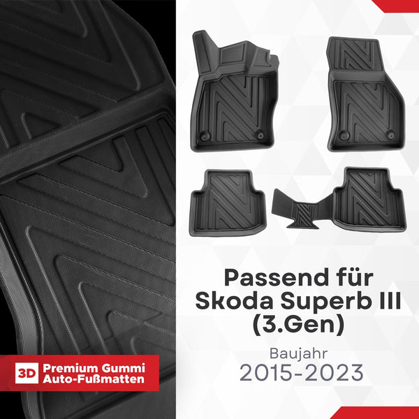 3D Fußmatten passend für Skoda Superb III (3.Gen) | 2015-2023 | Carbonfaser-Optik