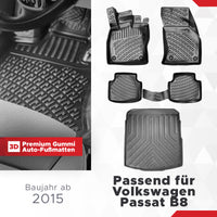 3D Auto Gummimatten & Kofferraumwanne Set für VW Passat B8 Baujahr ab 2015