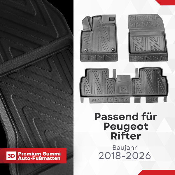 3D Auto Fussmatten für Peugeot Rifter 2018-2026 Carbon-Optik