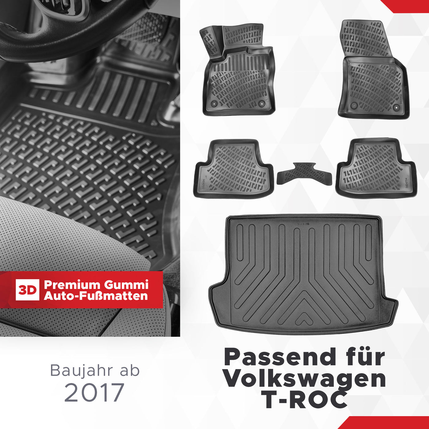 3D Auto Gummimatten & Kofferraumwanne Set für VW T-ROC Baujahr ab 2017