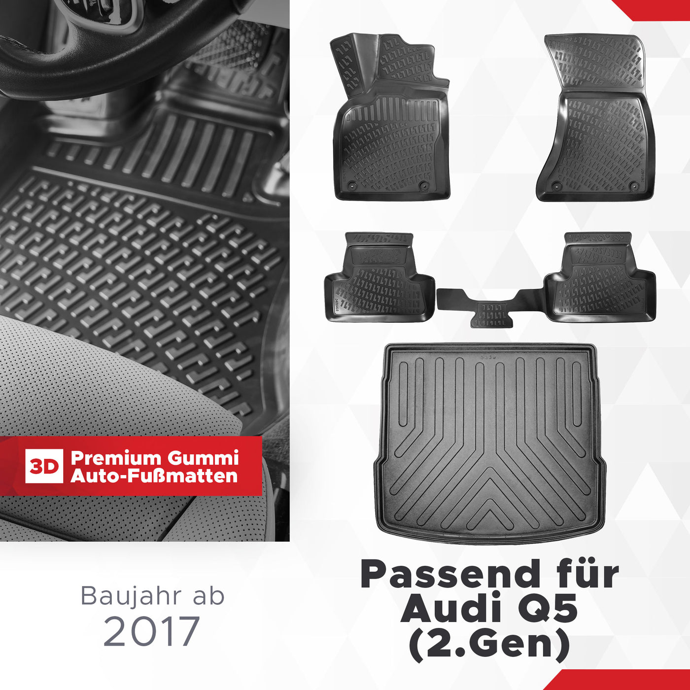 3D Auto Gummimatten & Kofferraumwanne Set für Audi Q5 (2.Gen) ab 2017 ( **Nicht geeignet für Q5 Sportback (seit 2021)** )