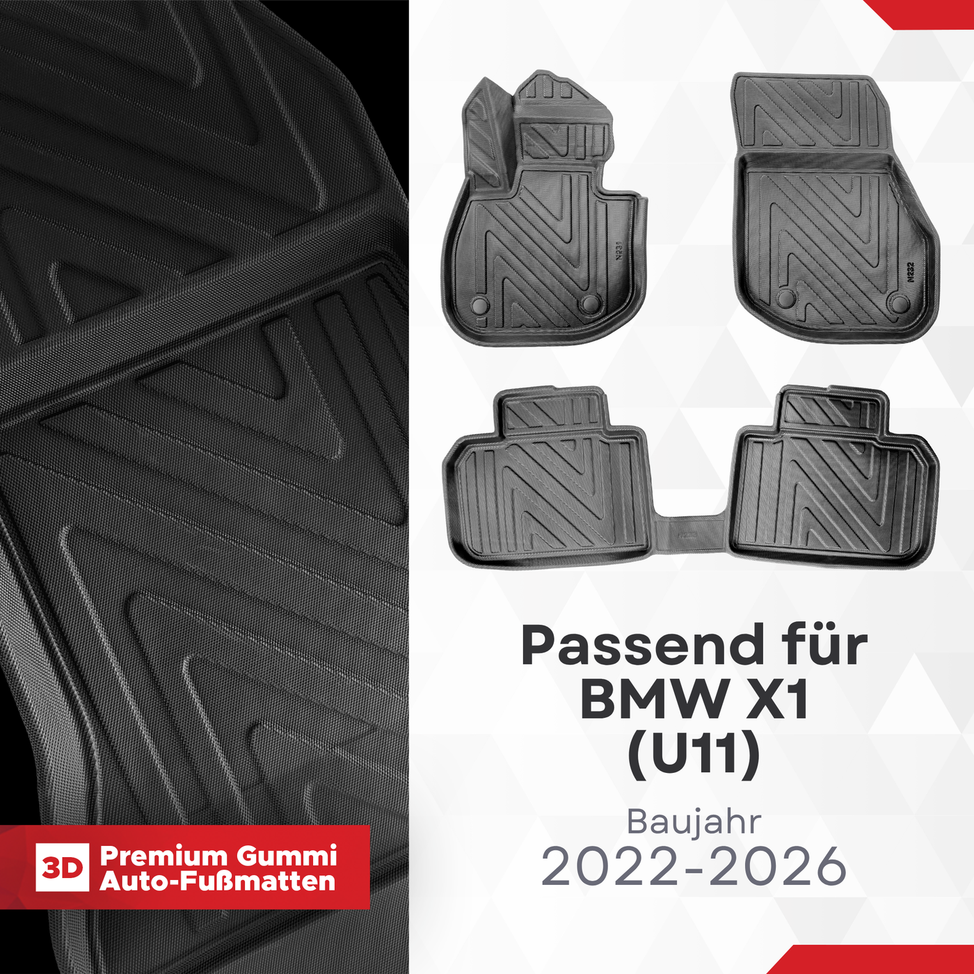 3D Auto Fussmatten für BMW X1 (U11) 2022-2026 Carbon-Optik