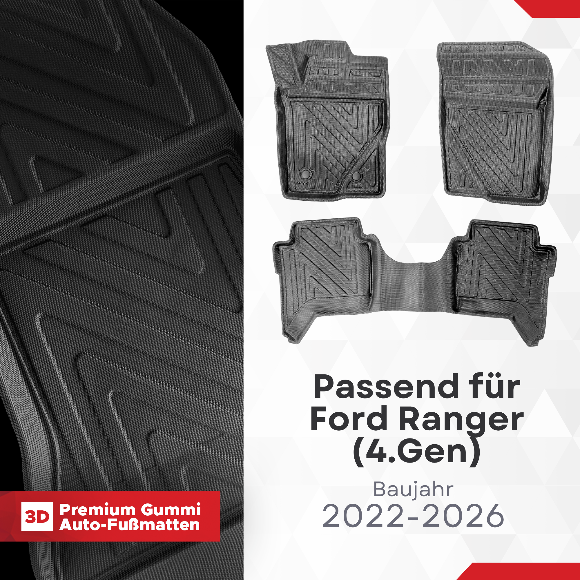 3D Auto Fussmatten für Ford Ranger (4.Gen) 2022-2026 Carbon-Optik
