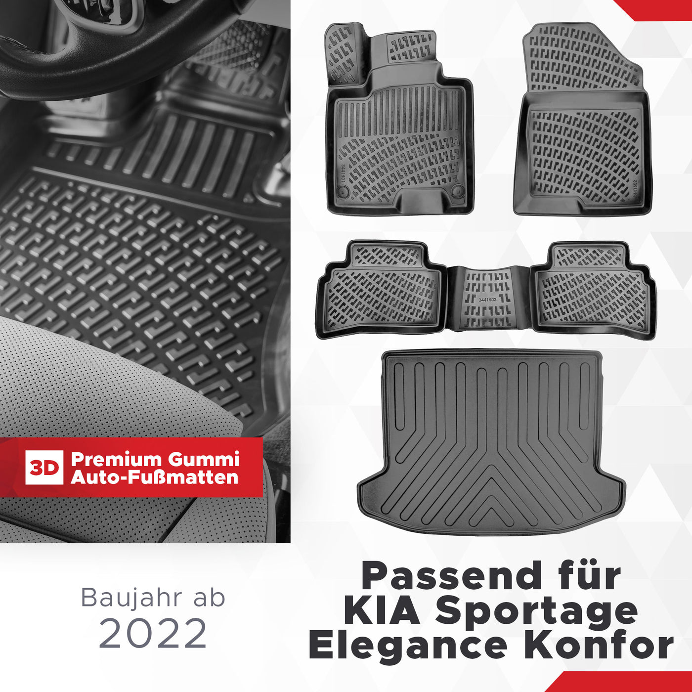 3D Auto Gummimatten & Kofferraumwanne Set für KIA Sportage Elegance Konfor/Cool Paket ab 2022 (Benzin/Diesel Mild Hybrid) (Passt Nicht In HYBRID MODEL HEV!!)