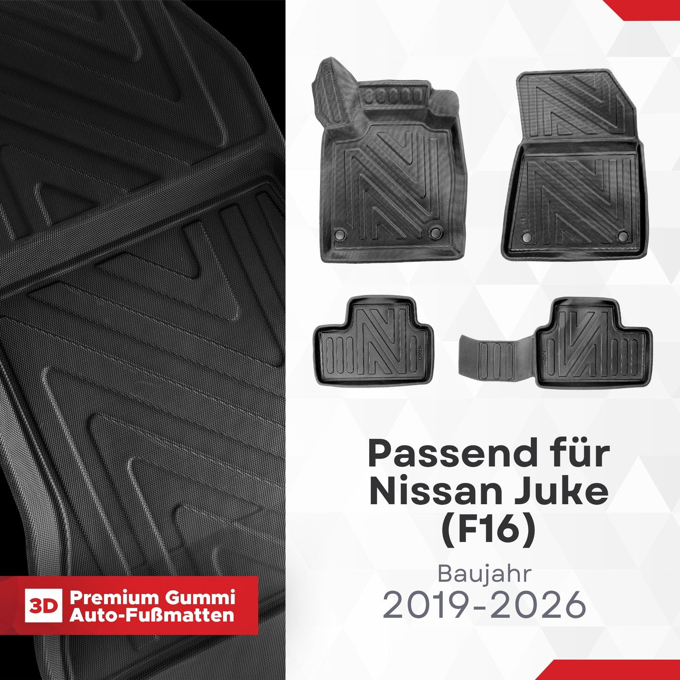3D Auto Fussmatten für Nissan Juke (F16) 2019-2026 Carbon-Optik