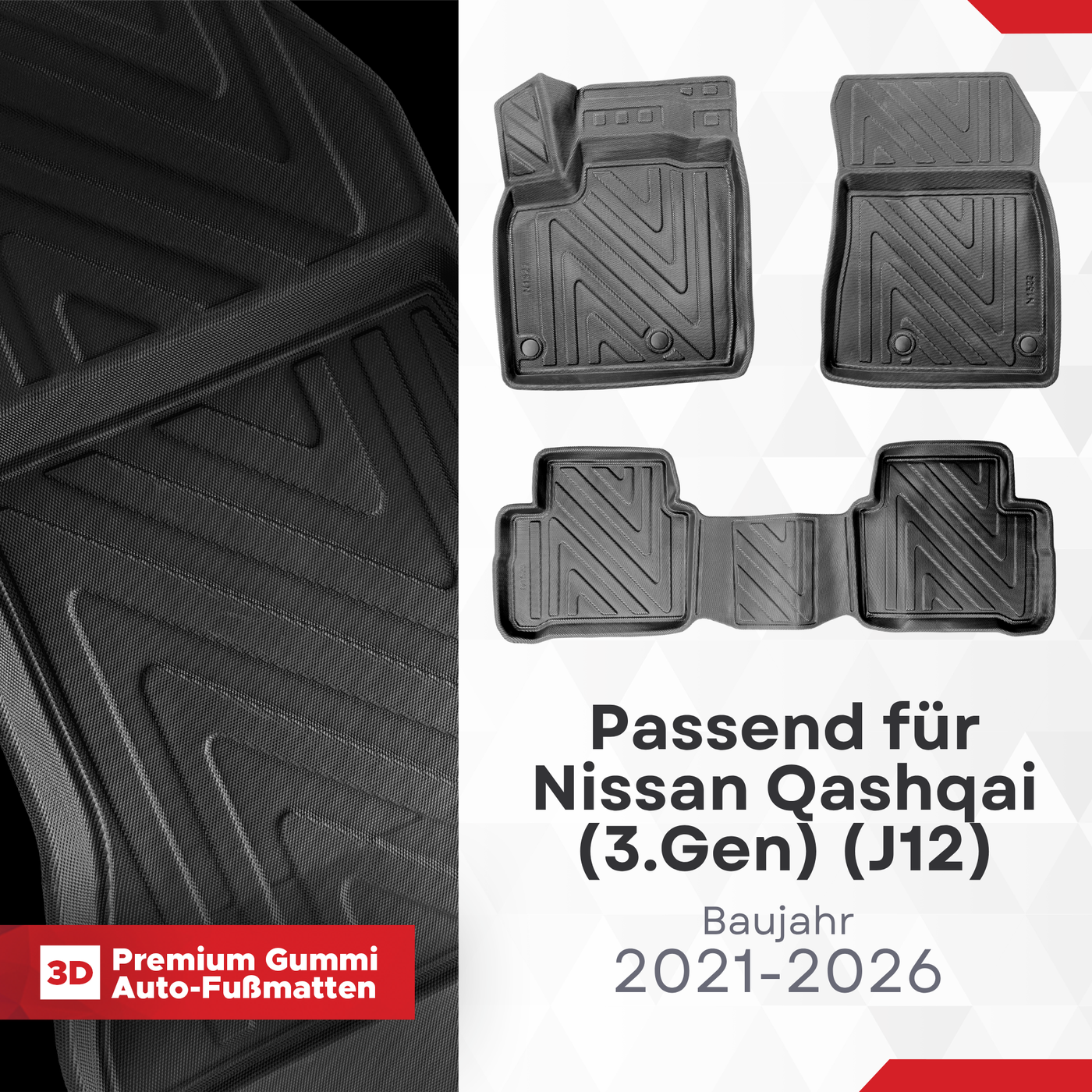 3D Auto Fussmatten für Nissan Qashqai (3.Gen) (J12) 2021-2026 Carbon-Optik (Nicht in e-Power)
