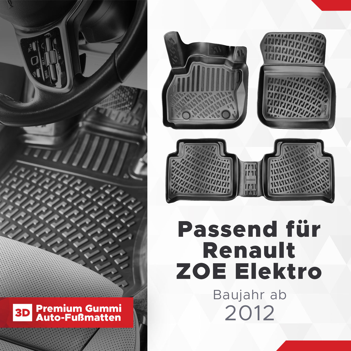 3D Auto Fussmatten Set passend für Renault ZOE Elektro Baujahr ab 2012