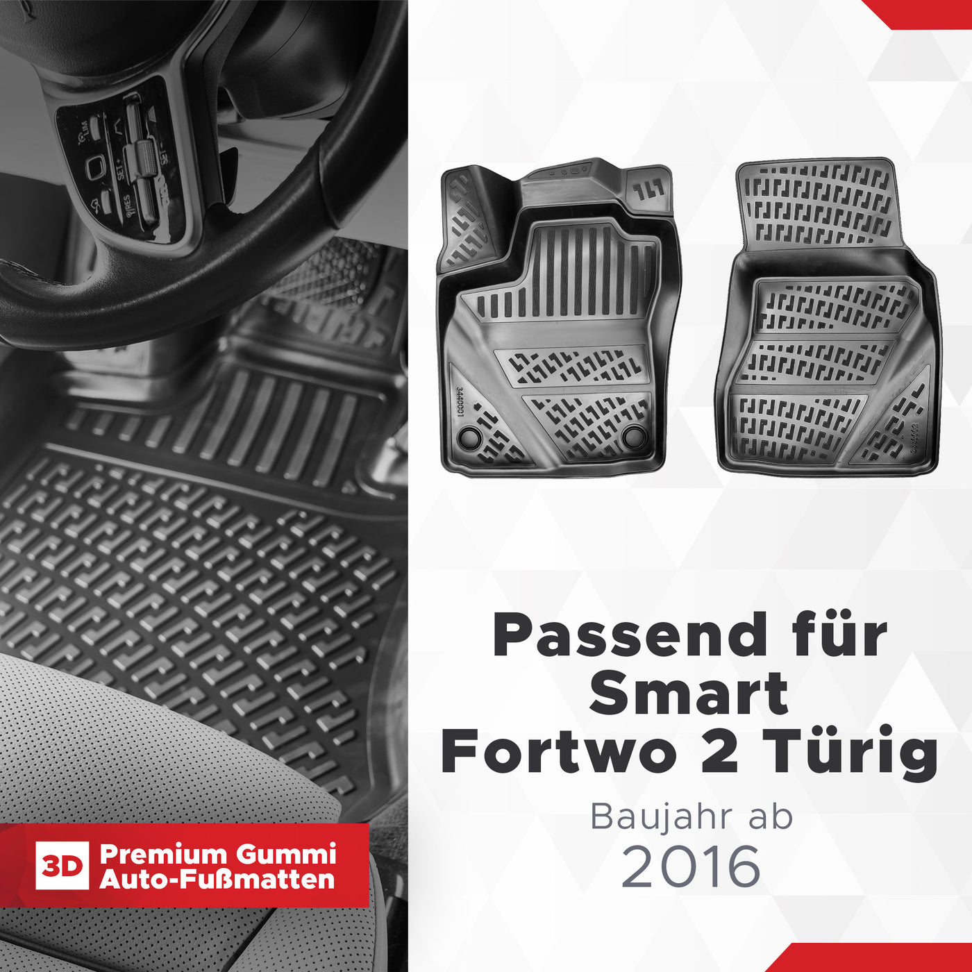 3D Auto Fussmatten Set passend für Smart Fortwo 2 Türig Baujahr ab 2016 ( Passt nicht in Elektro )