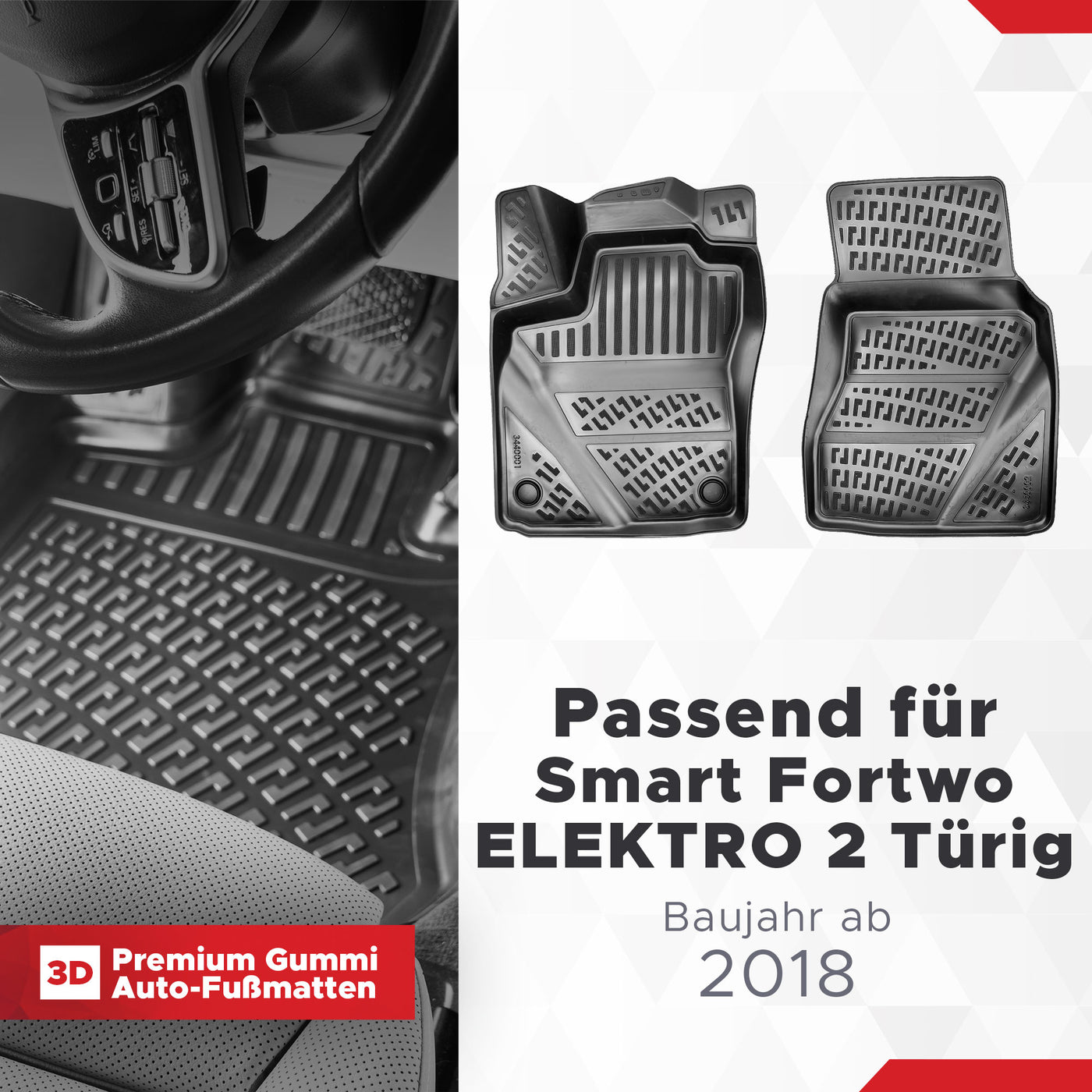 3D Auto Fussmatten Set passend für Smart Fortwo ELEKTRO 2 Türig Baujahr ab 2018