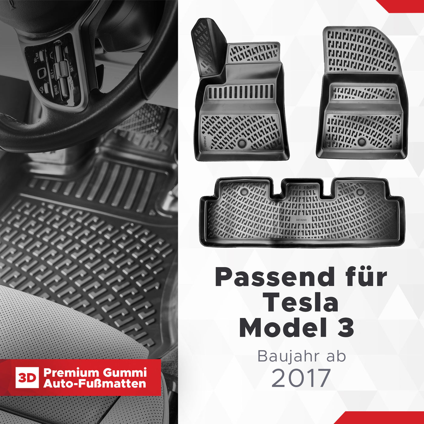3D Auto Fussmatten Set passend für Tesla Model 3 Baujahr ab 2017
