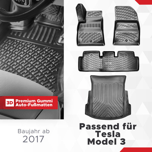 3D Auto Gummimatten & Kofferraumwanne Set für Tesla Model 3 Baujahr ab 2017