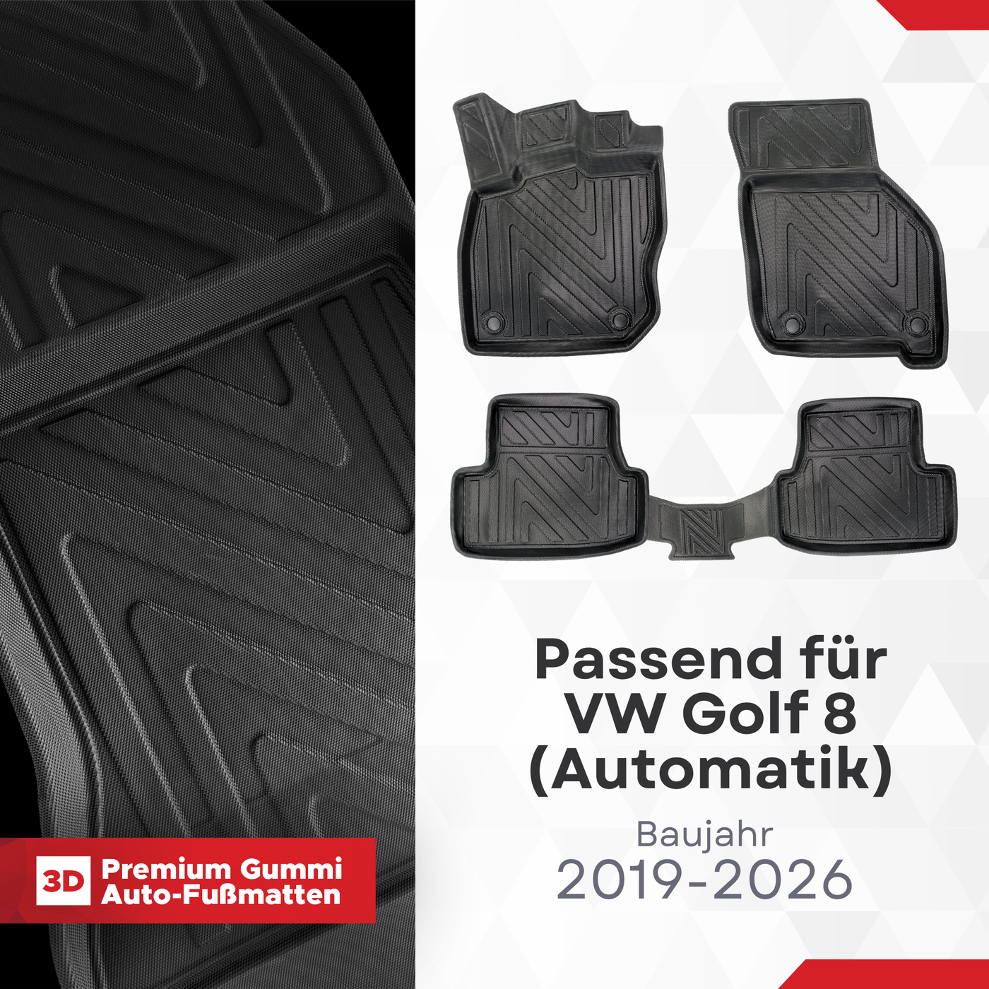 3D Auto Fussmatten für VW Golf 8 (Automatik) 2019-2026 Carbon-Optik
