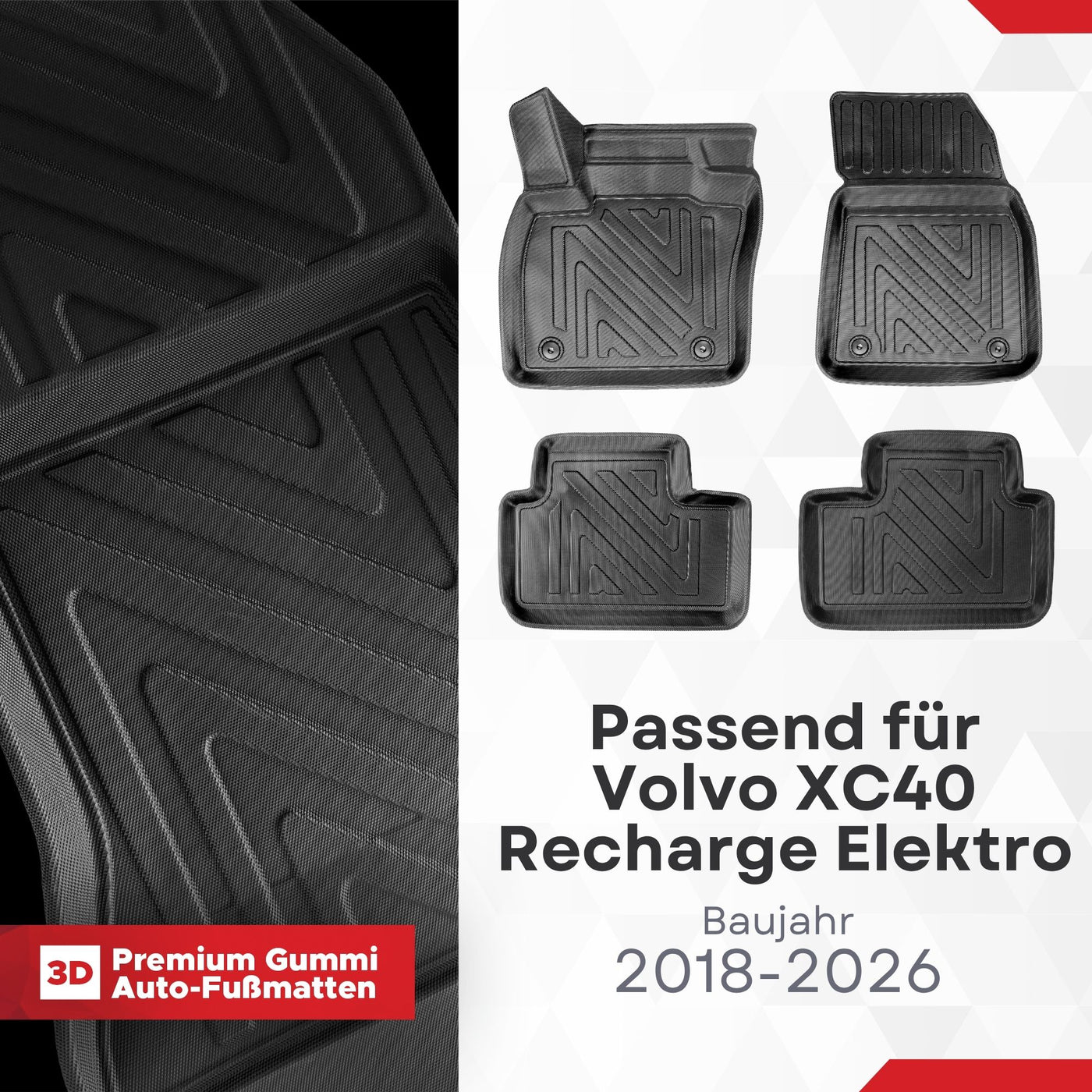 3D Auto Fussmatten für Volvo XC40 Recharge Elektro 2018-2026 Carbon-Optik