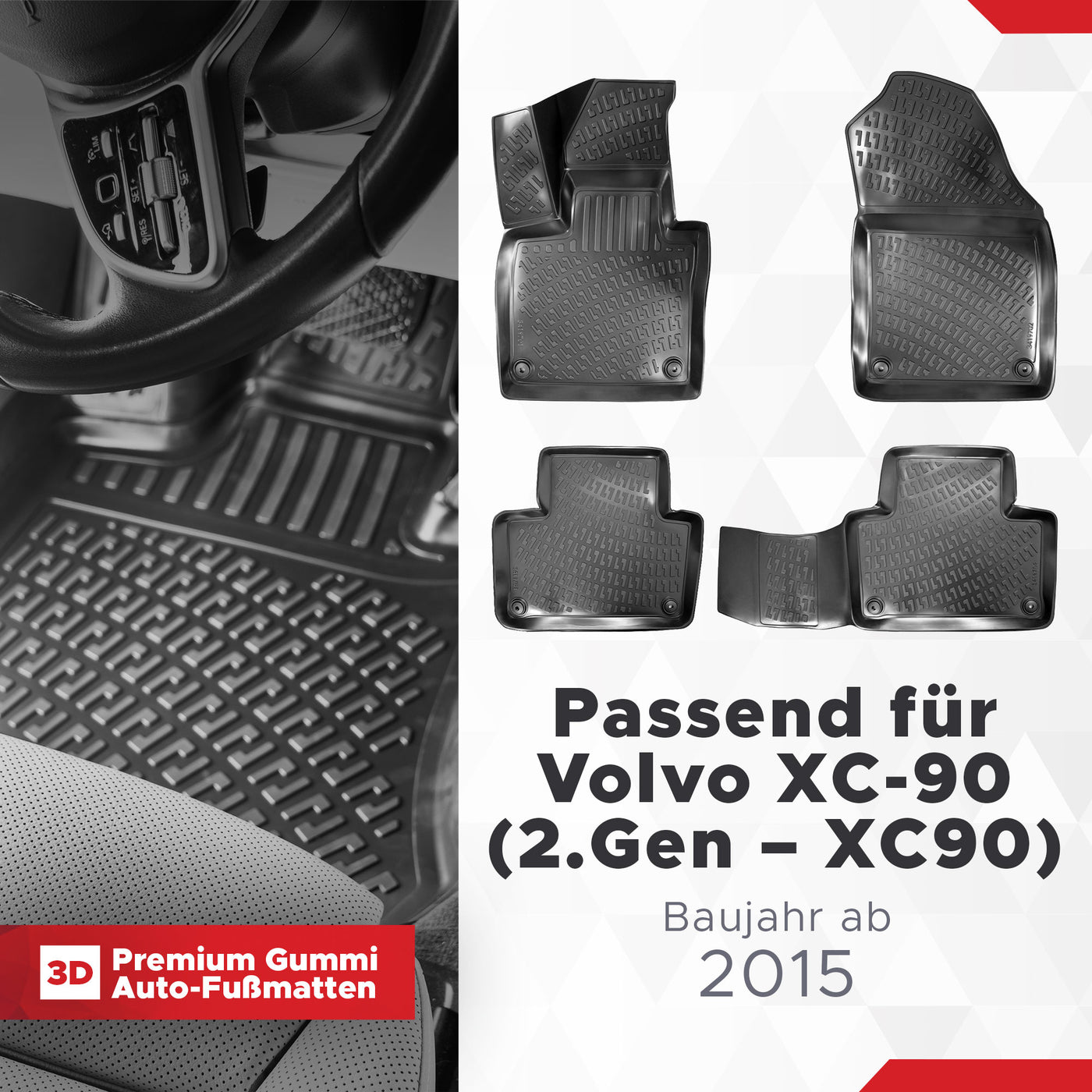 3D Auto Fussmatten Set passend für Volvo XC-90 (2.Gen - XC90) Baujahr ab 2015 ( Passt Nicht in Hybridmodell )