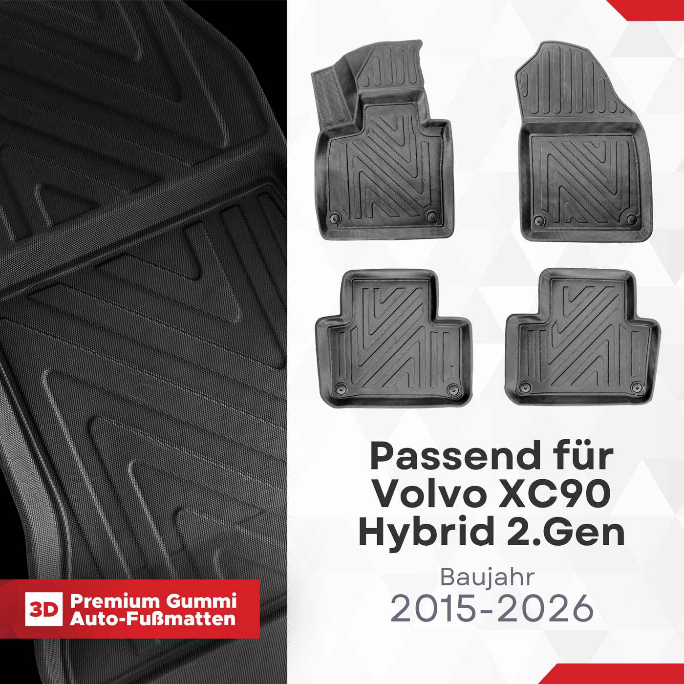 3D Auto Fussmatten für Volvo XC90 Hybrid (2.Gen) 2015-2026 Carbon-Optik