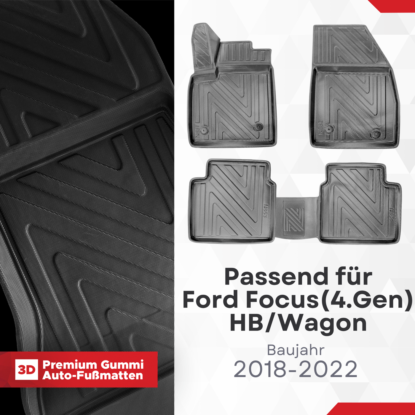 3D Auto Fussmatten für Ford Focus (4.Gen) HB/Wagon 2018-2022 Carbon-Optik