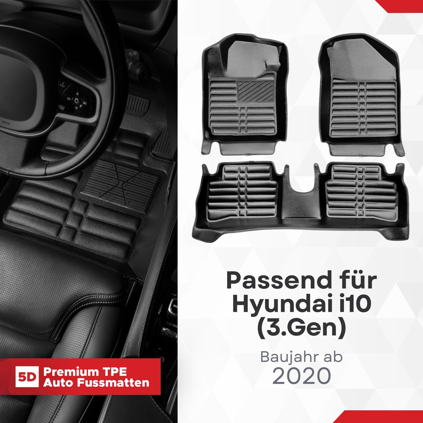 5D Premium Auto Fussmatten für Hyundai i10 (3.Gen) 2019-2026