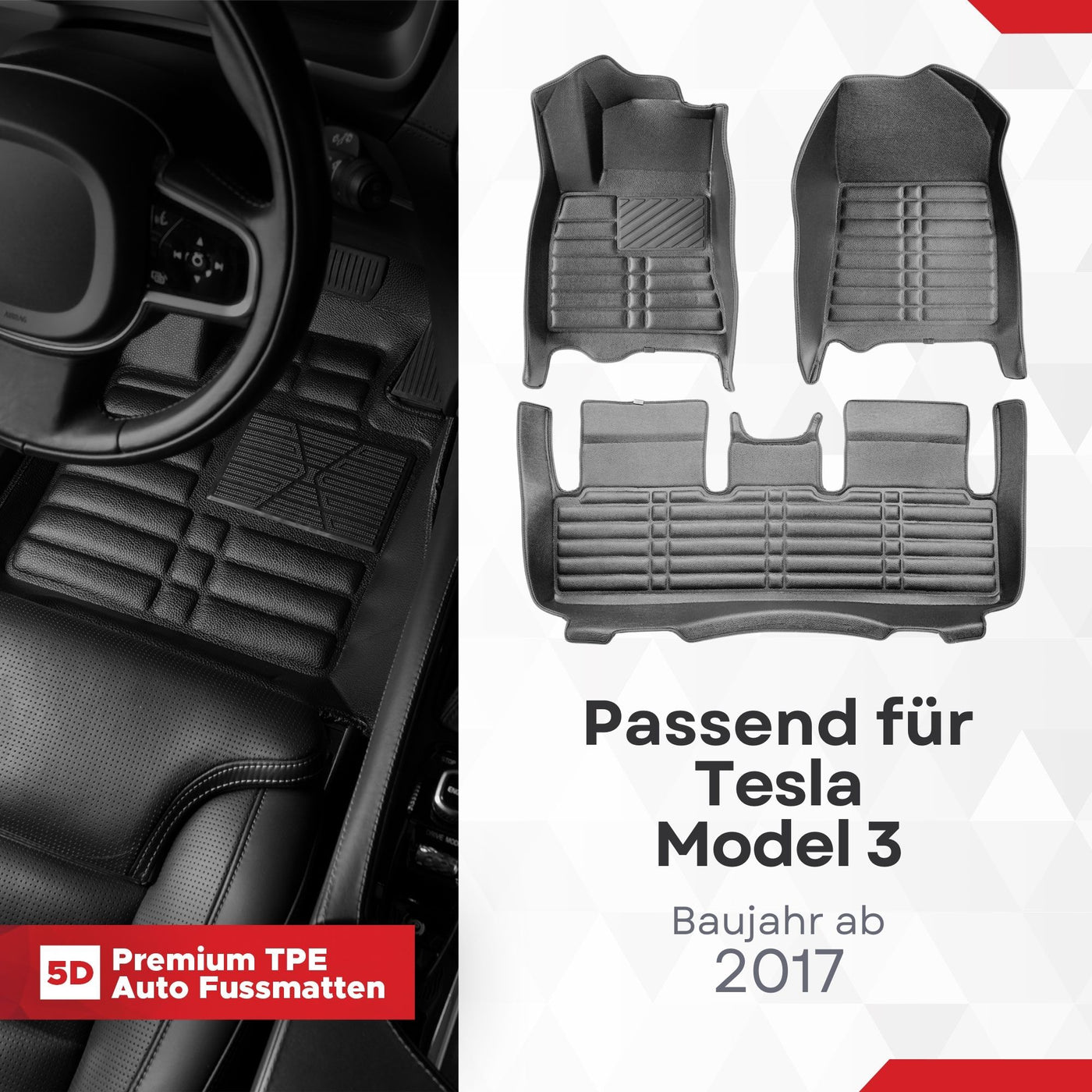 5D Premium Auto Fussmatten TPE Set passend für Tesla Model 3 Baujahr ab 2017