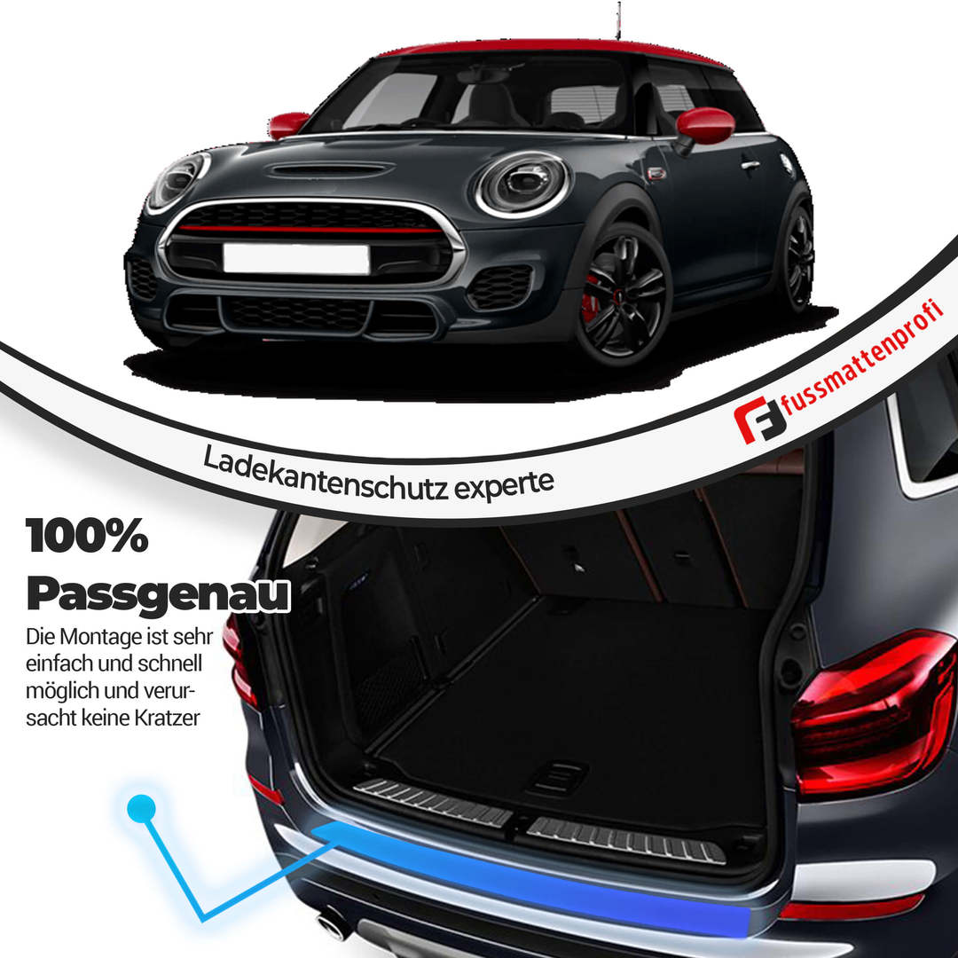 Ladekantenschutz mit 3D Profil Abkantung Fahrzeugspezifisch Passend für Mini Countryman Baujahr 2010-2016 aus Edelstahl Chrom