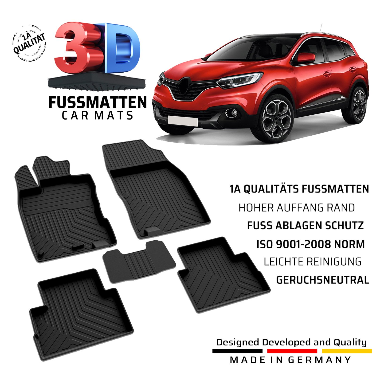 3D Gummi-Fußmatten für Renault Kadjar ab 2015 Hohe Gummimatten Automatten