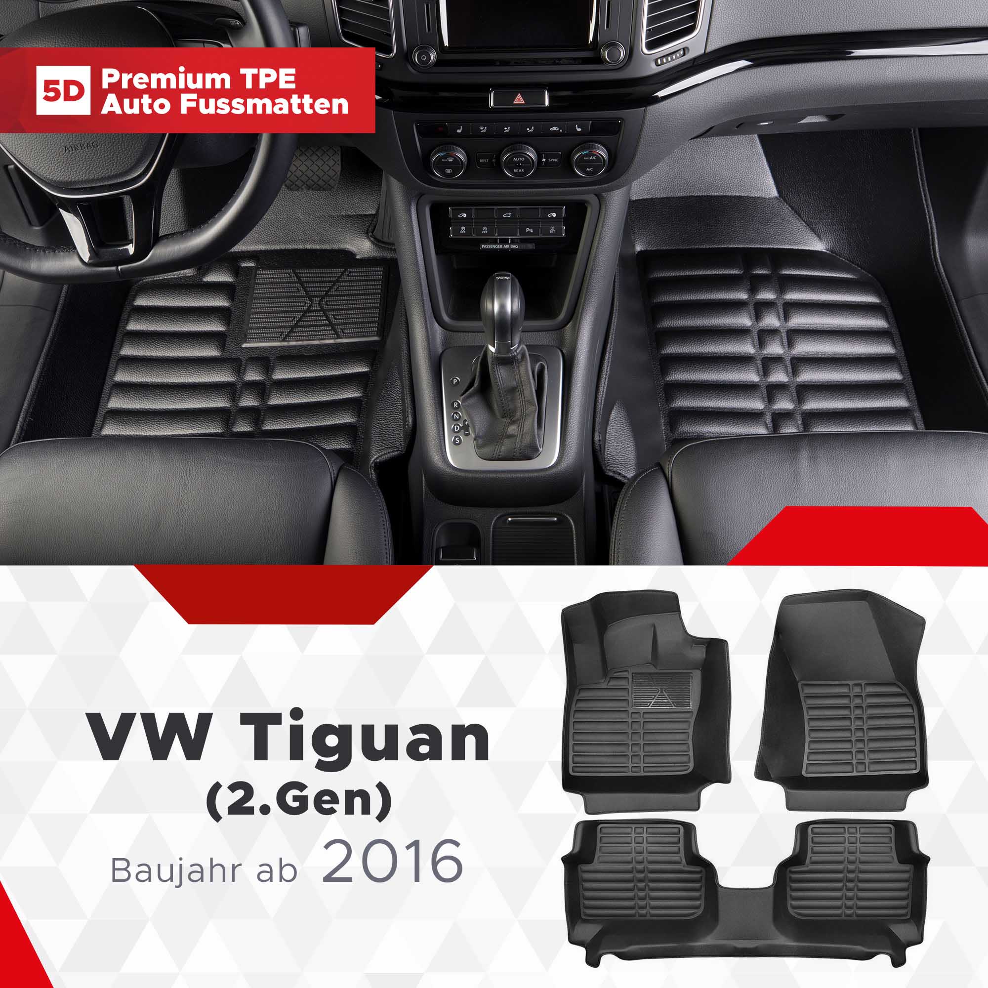 5D Premium Car Floor Mats TPE Set fits VW Tiguan (2.Gen) Year of  Construction from 2016 onwards