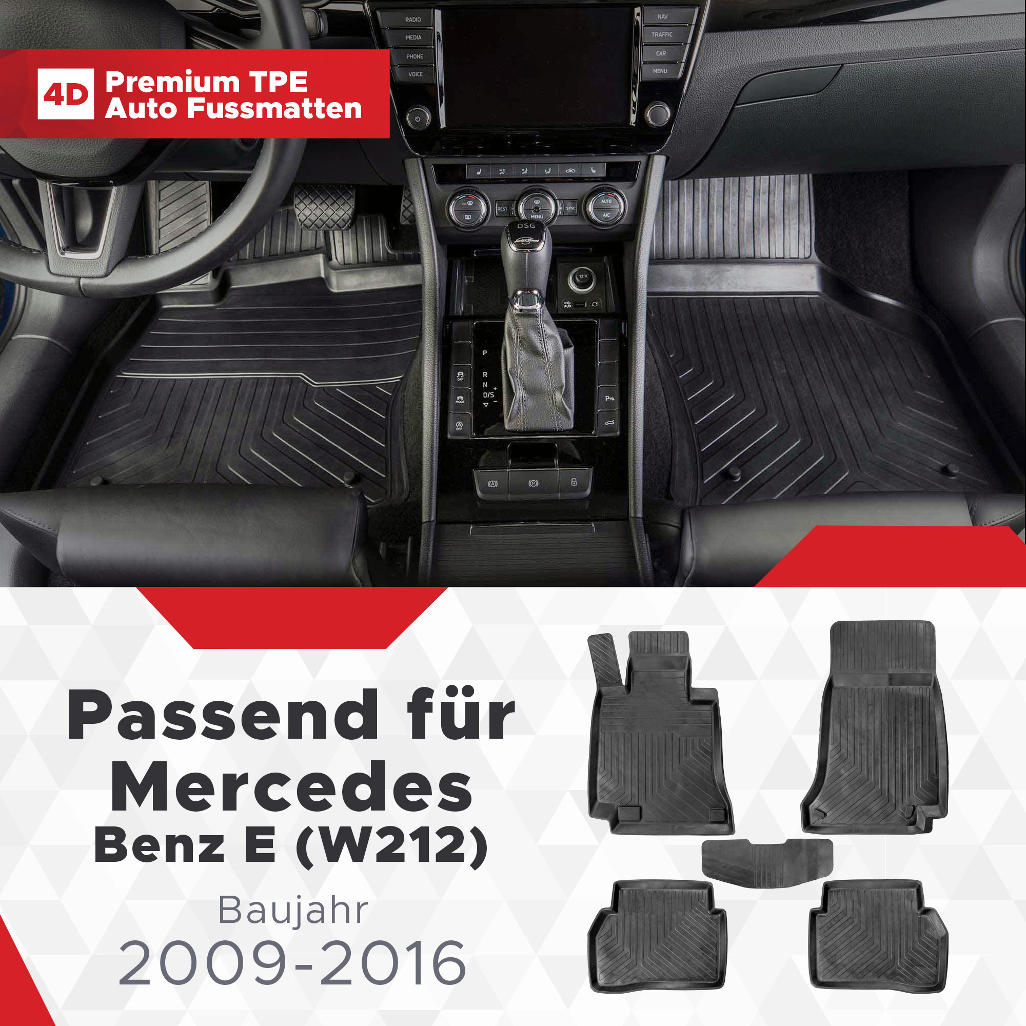 4D Mercedes Benz Bj Fussmatten Klasse 2009-2016 (W212) E Gummimatten