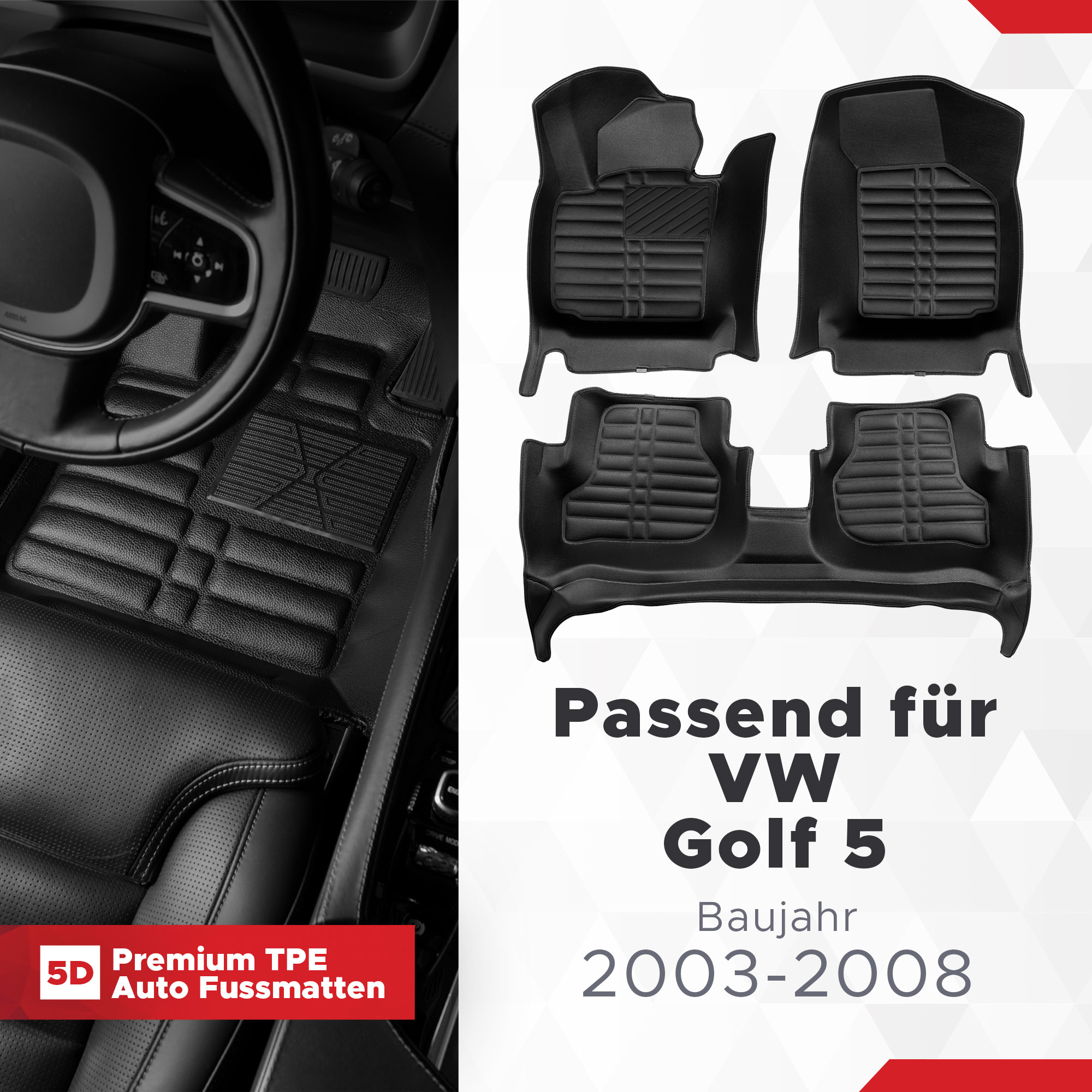 5D Premium Car Floor Mats TPE Set fits VW Golf 5 Year of Construction  2003-2008