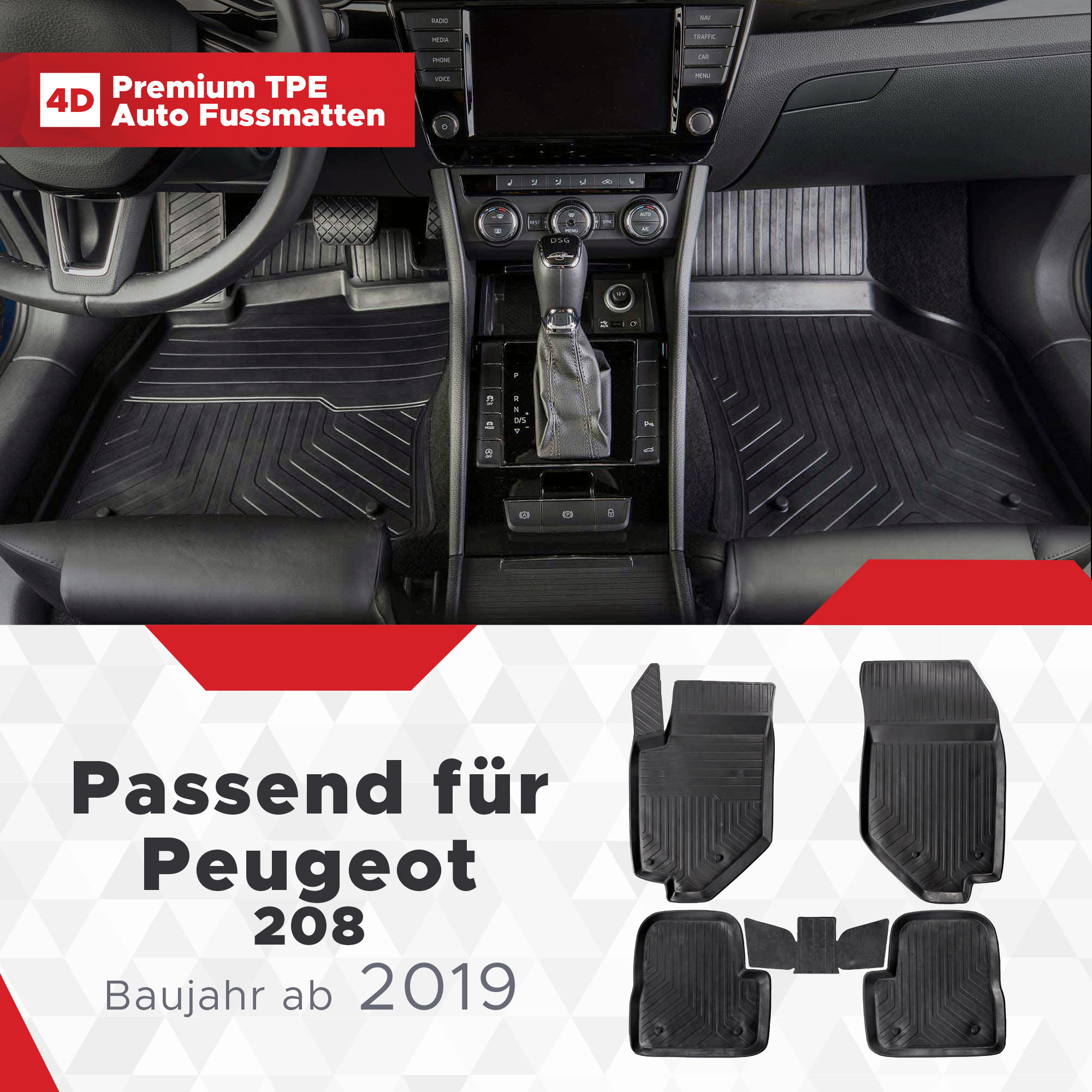 4D Peugeot 208 Fussmatten Bj ab 2019- Gummimatten