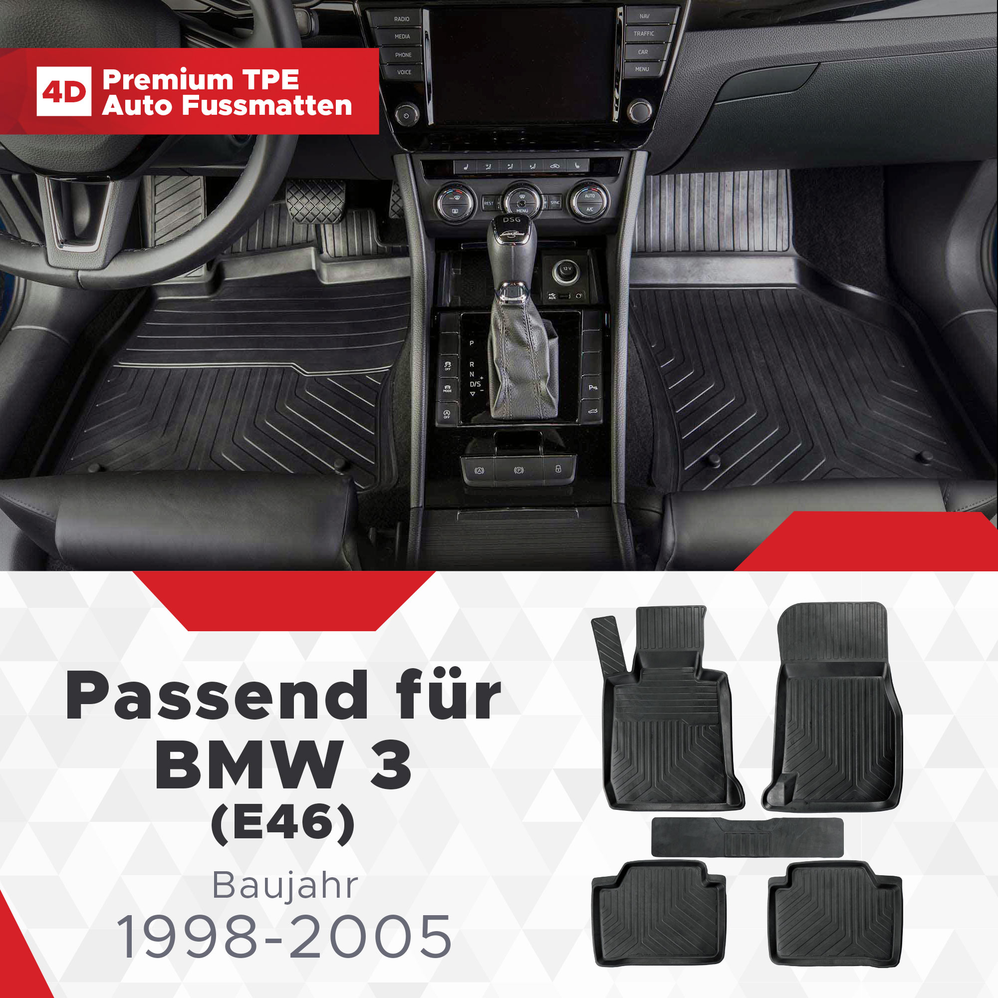 4D BMW 3 (E46) Bj. 1998-2005 Gummimatten - fussmattenprofi