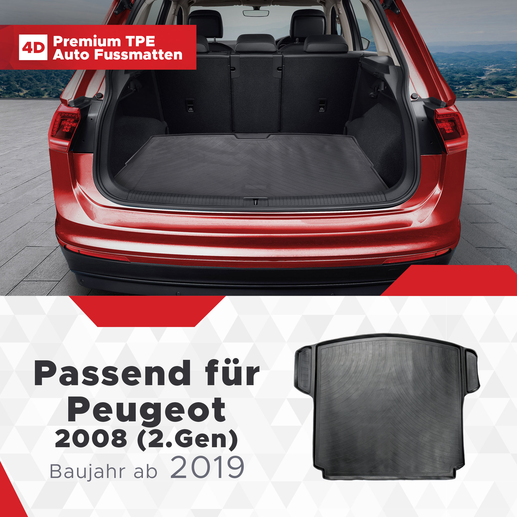 4D Kofferraum Matte passend 2008 (2.Gen) 2019 Peugeot ab für